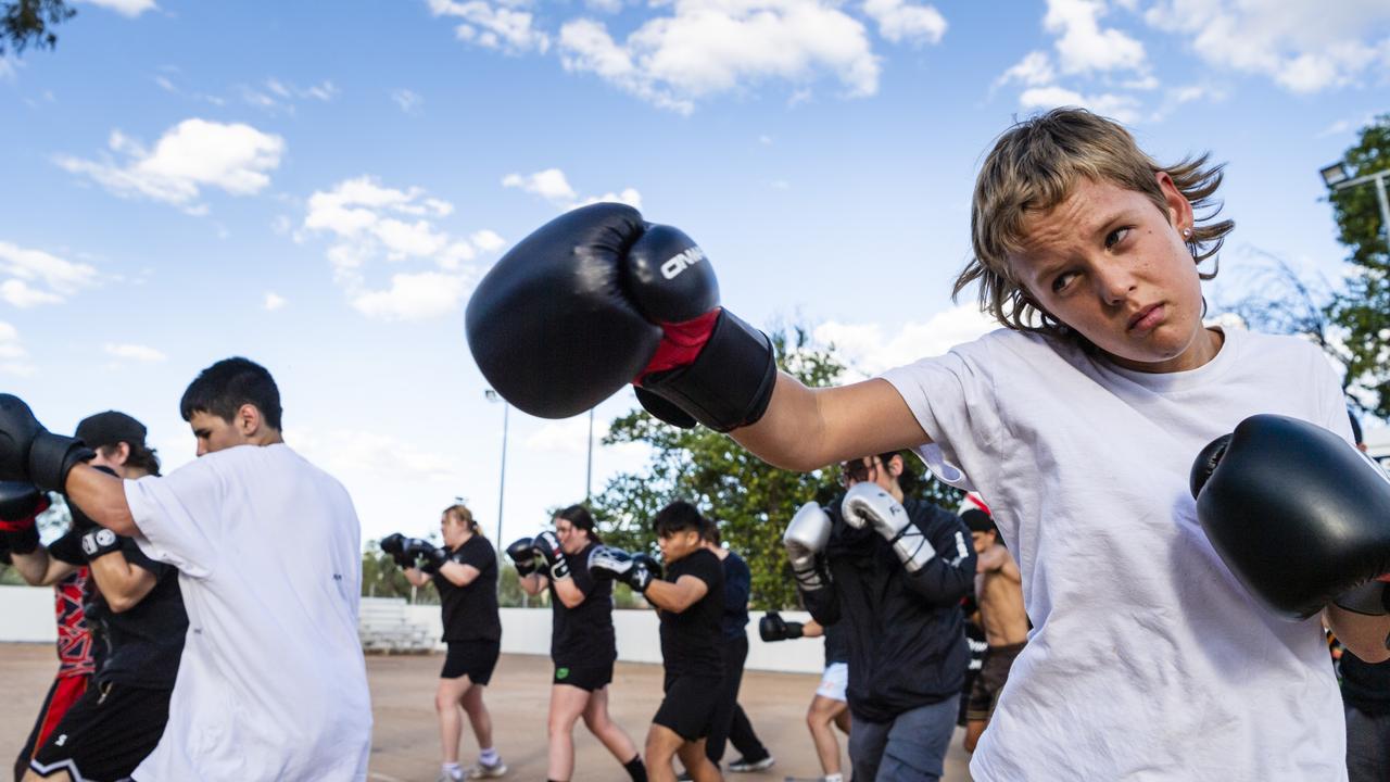 Cooper Drew (right) trains with the Arrernte Community Boxing Academy in Alice Springs. Picture: Kevin Farmer