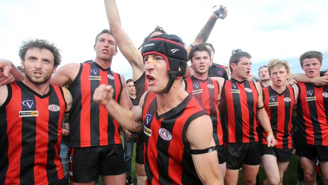 We did it: Maffra players celebrate their premiership. Picture: Yuri Kouzmin