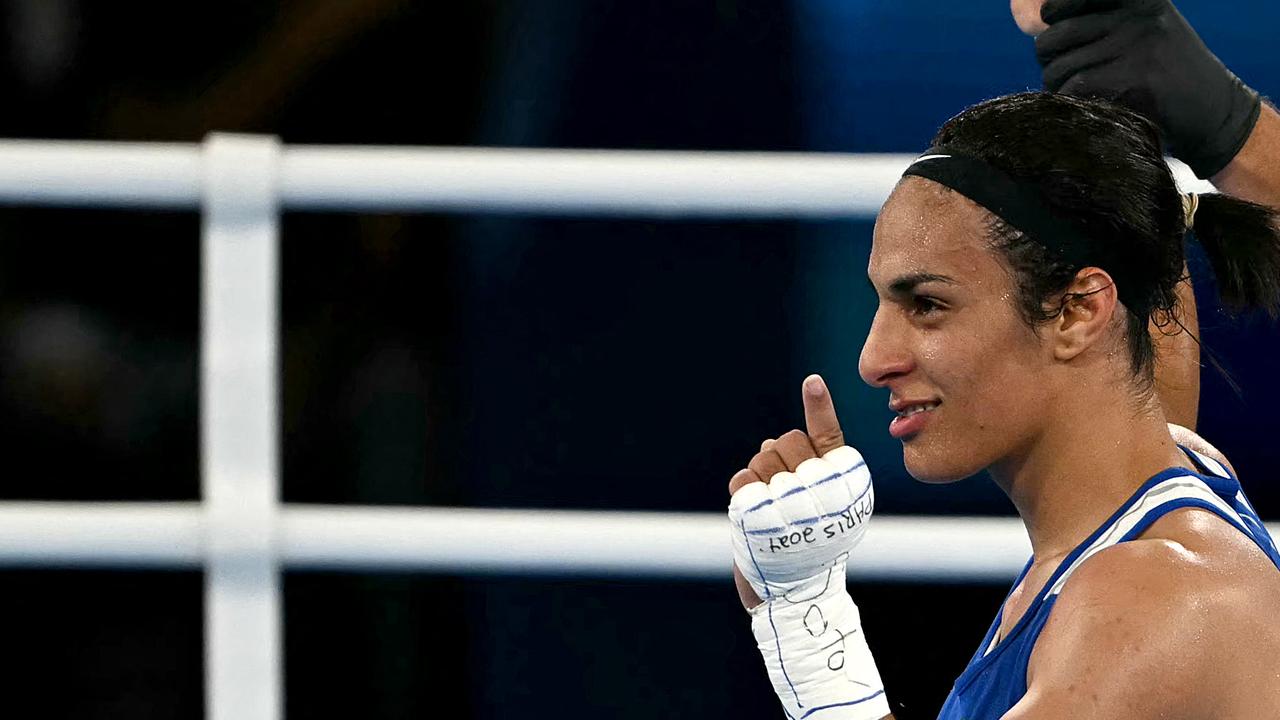 Algeria's Imane Khelif reacts after beating Thailand's Janjaem Suwannapheng in the women's 66kg semi-final boxing match. Picture: AFP