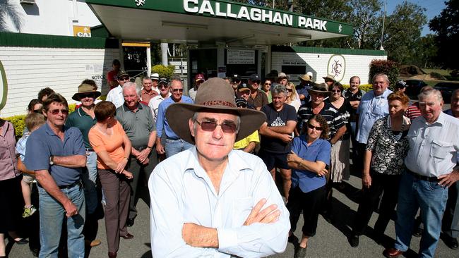 News BCM 11.9.07 Rocky Races. Trainer Jim Rundle (front) with other owners and trainers protest at the Rockhampton race track because they are unable to bring their horses to the track. Pic Peter Wallis