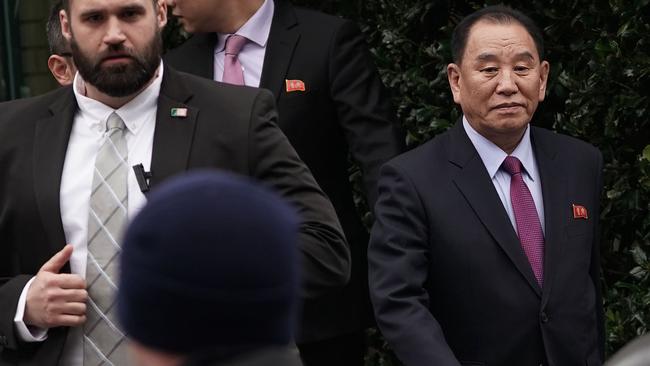 The visiting vice-chairman of the North Korean Workers' Party Committee, Kim Yong-chol, right, a representative of North Korean leader Kim Jong-un, after a meeting with US Secretary of State Mike Pompeo in Washington on Friday local time. He was reported to be in Washington to finalise plans for a second summit. Picture: Alex Wong/Getty Images/AFP