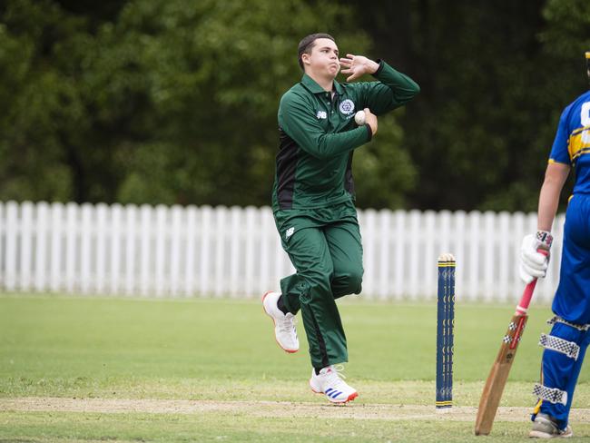 Ashton Clark bowls for Brisbane Boys College (BBC) against Toowoomba Grammar School (TGS) in round 1 GPS Competition 1st cricket at Mills Oval, TGS, Saturday, February 1, 2025. Picture: Kevin Farmer