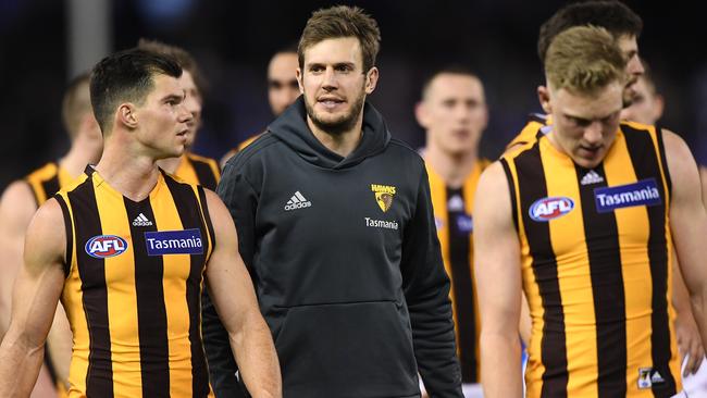 A hamstring injury ended Grant Birchall’s night early. Picture: AAP