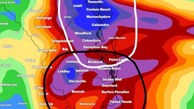 Rainfall totals in excess of 500mm are possible for parts of southeast Queensland over the next 24 hours. Picture: Weatherzone