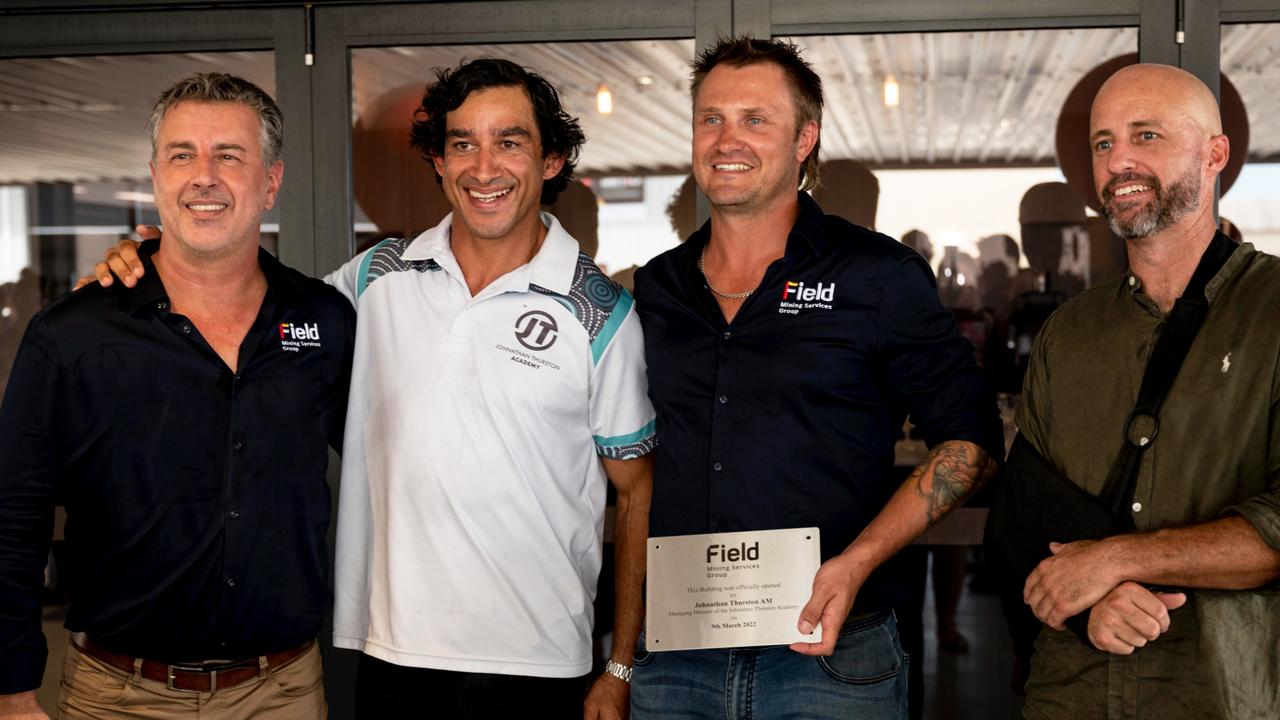 (From left to right) Field Mining Services Group director Jason Smith, Johnathan Thurston, Jason Holt and Scott McDermott at the grand opening of the company's new $6m facility at Paget. Picture: Contributed