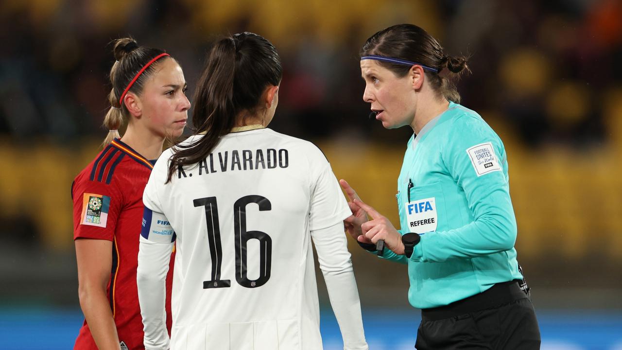 Referee Casey Reibelt talks to the players during the FIFA Women's World Cup. Picture: Getty