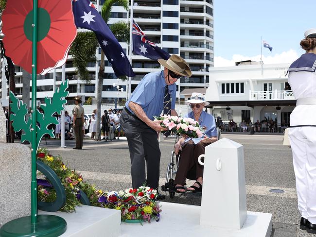 Retired national serviceman Neville O'Brien and World War II veteran Val Veivers lay a wreath each at the Cairns cenotaph during the Cairns RSL sub branch Remembrance Day ceremony, held at the Cairns cenotaph on the Esplanade. Picture: Brendan Radke