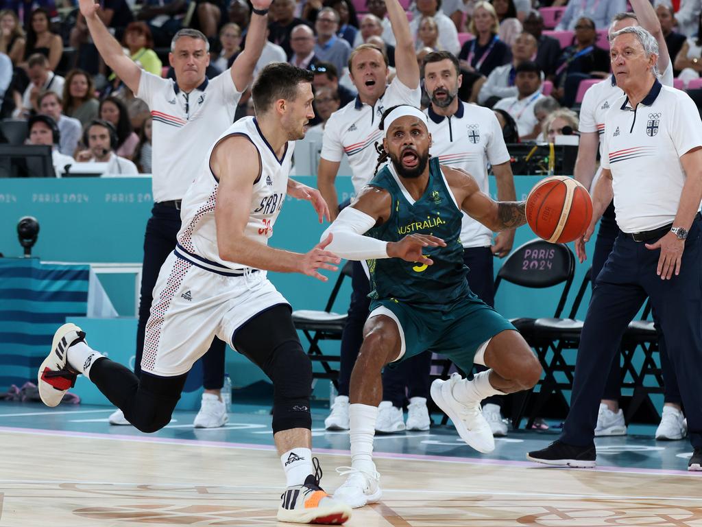 Patty Mills in action – but the fairytale ending eluded the Boomers legend after the Australians conceded their healthy lead against Serbia in the quarterfinal basketball battle. Picture: Adam Head