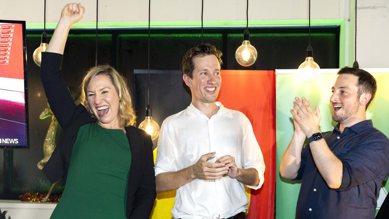 FEDERAL ELECTION 2022 SEAT OF GRIFFITH Larissa Waters, Max Chandler-Mather and Stephen Bates at Greens party at West End, Saturday, May 21, 2022 - Picture: Richard Walker