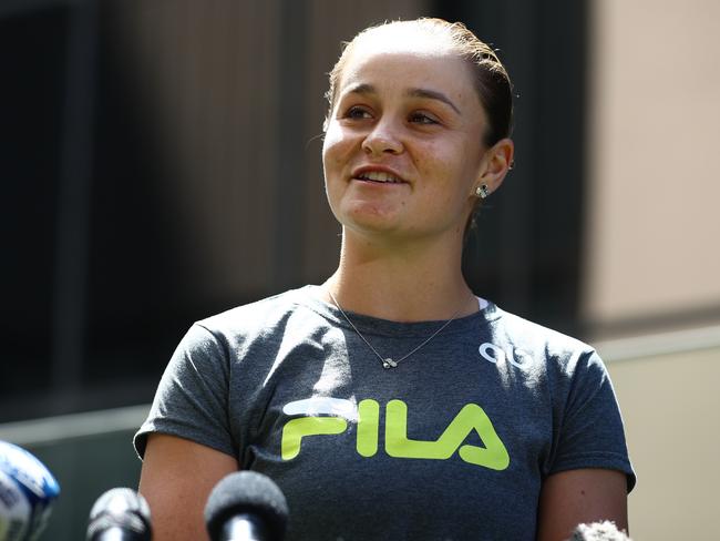 BRISBANE, AUSTRALIA - MARCH 24: Ash Barty speaks to the media during a press conference at the Westin on March 24, 2022 in Brisbane, Australia. Barty announced her retirement from tennis yesterday at age 25 and ranked number one in the world. (Photo by Chris Hyde/Getty Images)