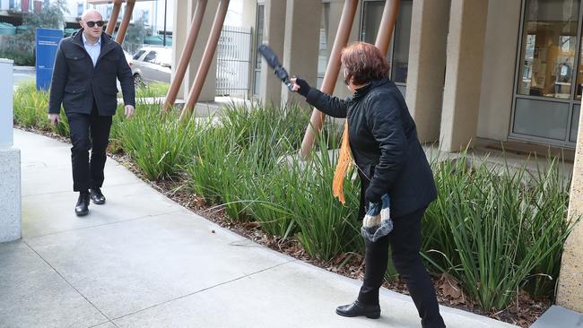 Dragi Stojanovski approaches the Coroner’s Court, where he is confronted by Snezana Stojanovska’s aunt. Picture: Alex Coppel