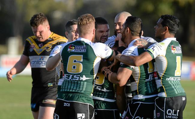 Ipswich players celebrate a try against the Sunshine Coast Falcons at North Ipswich Reserve on Saturday. Picture: Rob Williams