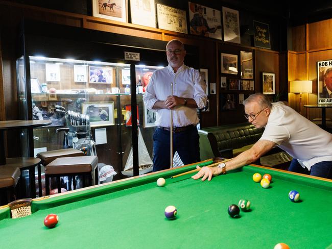 The Prime Minister Anthony Albanese and Tim Ayres play pool at Bob Hawke Beer and Leisure Centre in Marrickville. Picture: NewsWire/ Tim Pascoe