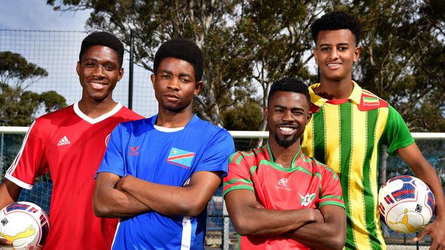 Yared Abetew (Ethiopia), Dieudonne Munyonge (DRC Congo), Elvis Kamsoba (Burundi) and Alhassan Toure (Guinea) will play in FFSA’s African Nations Cup. Picture: Bianca De Marchi