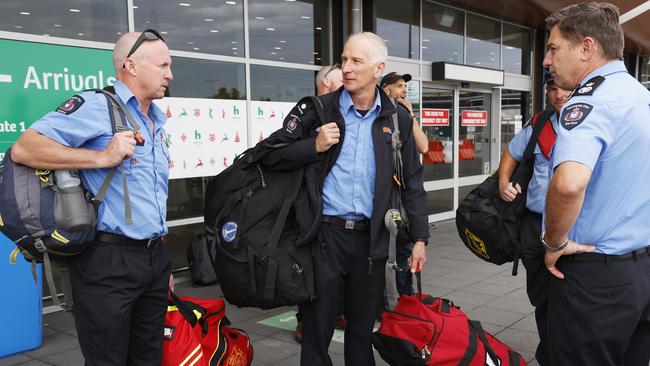 Dale Nicolson Kingston Fire Brigade and Chris Allfree Taroona Fire Brigade who are remote area trained with Matt Lowe deputy chief officer Tasmania Fire Service. Tasmania Fire Service firefighters are heading to Victoria to assist with fighting bushfires as conditions worsen. Picture: Nikki Davis-Jones