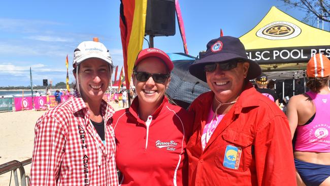 Ron Thomas, Fiona Campbell and Kym Lingard at day two of the Senior and Masters division of the 2023 Queensland Surf Life Saving Championships at Mooloolaba. Photo: Elizabeth Neil