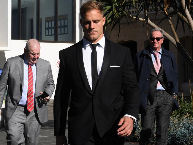 St. George Illawarra Dragons rugby league player Jack de Belin leaves Wollongong District Court during an adjournment in Wollongong, Monday, June 22, 2020. Picture: AAP