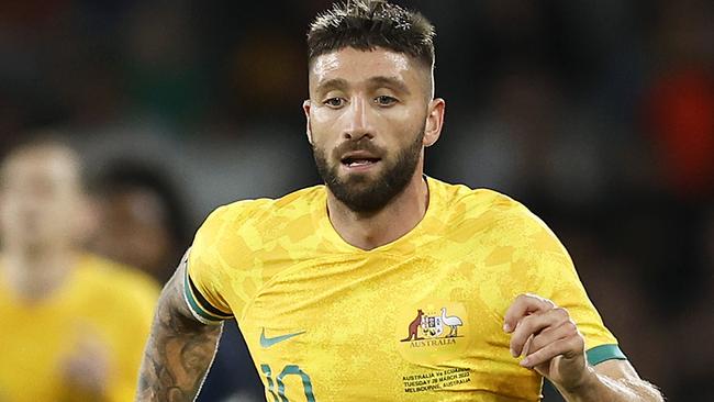 MELBOURNE, AUSTRALIA - MARCH 28: Brandon Borrello of the Socceroos runs with the ball during the International Friendly match between the Australia Socceroos and Ecuador at AAMI Park on March 28, 2023 in Melbourne, Australia. (Photo by Daniel Pockett/Getty Images)