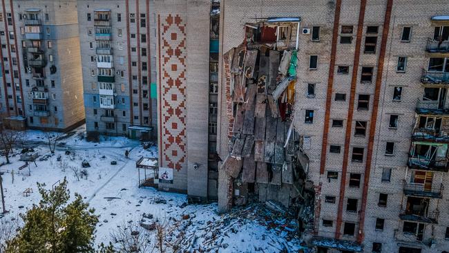 This aerial photograph shows a damaged residential building in the town of Lyman, Donetsk region amid Russia's military invasion on Ukraine. Picture: AFP