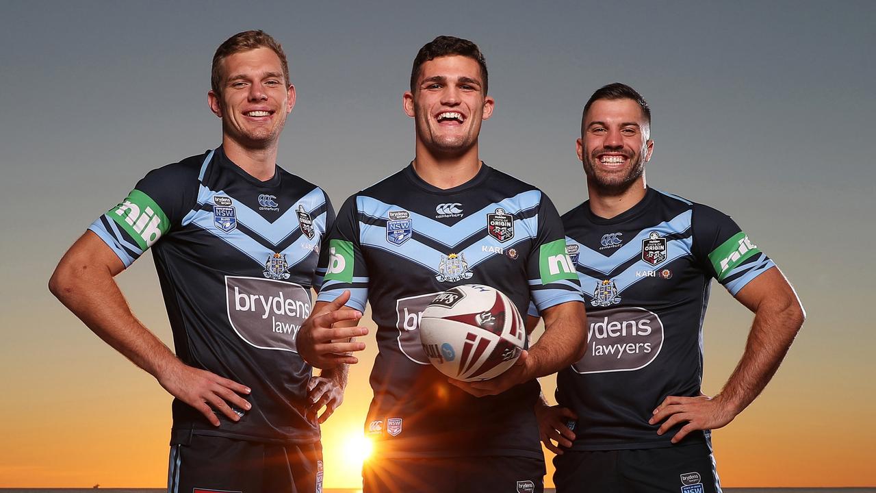 NSW's Tom Trbojevic, Nathan Cleary and James Tedesco at Scarborough Beach ahead of State of Origin game 2 in Perth. Picture: Brett Costello