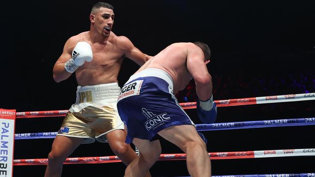 Pictured are boxers Paul Gallen and Justis Huni in their bout for the Australian Heavyweight Title held at the ICC in Sydney. Picture: Richard Dobson