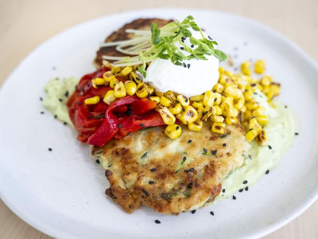 TAS_MER_TASWEEKEND_INDULGE_MAILLARD Zucchini Fritter. Picture: Caroline Tan