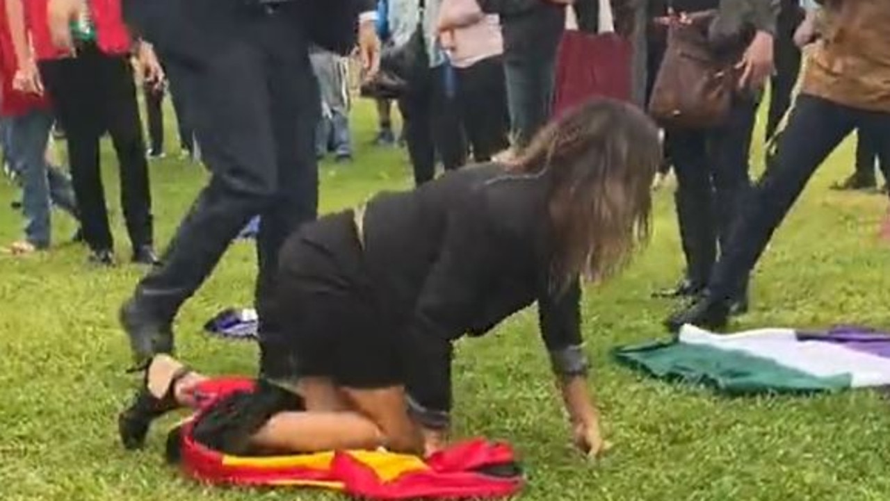 Lidia Thorpe was forced to the ground by police after she tried to disrupt British trans critic Kellie-Jay Keen-Minshull's speech at the Let Women Speak rally outside Parliament House. Picture: Twitter