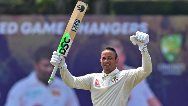 Usman Khawaja celebrates after scoring a double century at the Galle International Cricket Stadium.