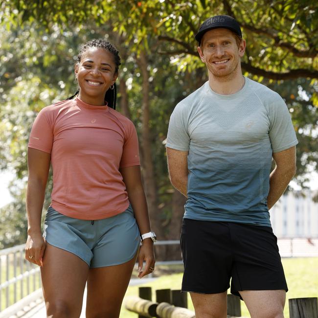 Rebecca Bridgemohan, who is taking part in the Sydney Marathon, with Sydney-based runner and nutritionist Mick Chapman at Paine Reserve in Randwick. Picture: Jonathan Ng