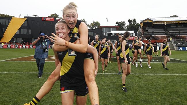 Kodi Jacques and Christina Bernardi were all smiles after their first-ever win at home. Picture: Daniel Pockett/Getty Images