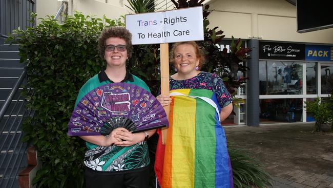 The Cairns trans community and supporting family members protest the State Government's pause on gender therapy including puberty blockers and hormone treatments. Trans boy Matt Seaton, 16 with mum Erin Seaton. Picture: Arun Singh Mann