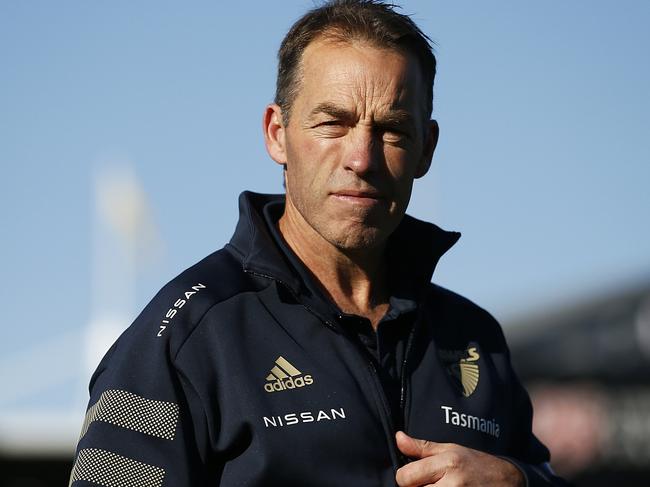 LAUNCESTON, AUSTRALIA - JULY 10: Hawks head coach Alastair Clarkson looks on before the round 17 AFL match between Hawthorn Hawks and Fremantle Dockers at University of Tasmania Stadium on July 10, 2021 in Launceston, Australia. (Photo by Daniel Pockett/AFL Photos/via Getty Images)