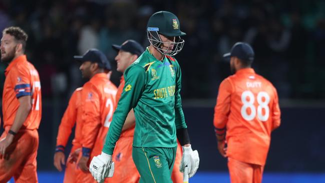 DHARAMSALA, INDIA - OCTOBER 17:  Marco Jansen of South Africa makes his way off after being dismissed during the game during the ICC Men's Cricket World Cup 2023 match between South Africa and Netherlands at HPCA Stadium on October 17, 2023 in Dharamsala, India. (Photo by Pankaj Nangia/Gallo Images)