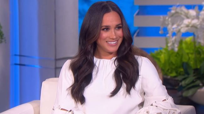 The Duchess wore her hair out and donned a white blouse and black trousers for the interview. Picture: The Ellen Show