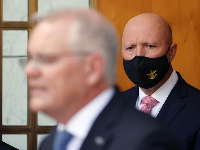 CANBERRA, AUSTRALIA NewsWire Photos FEBRUARY, 07 2022:  Prime Minister Scott Morrison spoke to media during a press conference at Parliament House in Canberra. Peter Dutton attended the presser with the PM.Picture: NCA/Gary Ramage