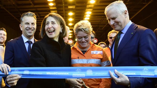 NSW Minister for Transport and Roads Andrew Constance (left), NSW Premier Gladys Berejiklian, CSJ training co-ordinator Marlee Mirabito and Deputy Prime Minister Michael McCormack cut the ribbon to officially open the new M4 WestConnex tunnels. Picture: Bianca De Marchi