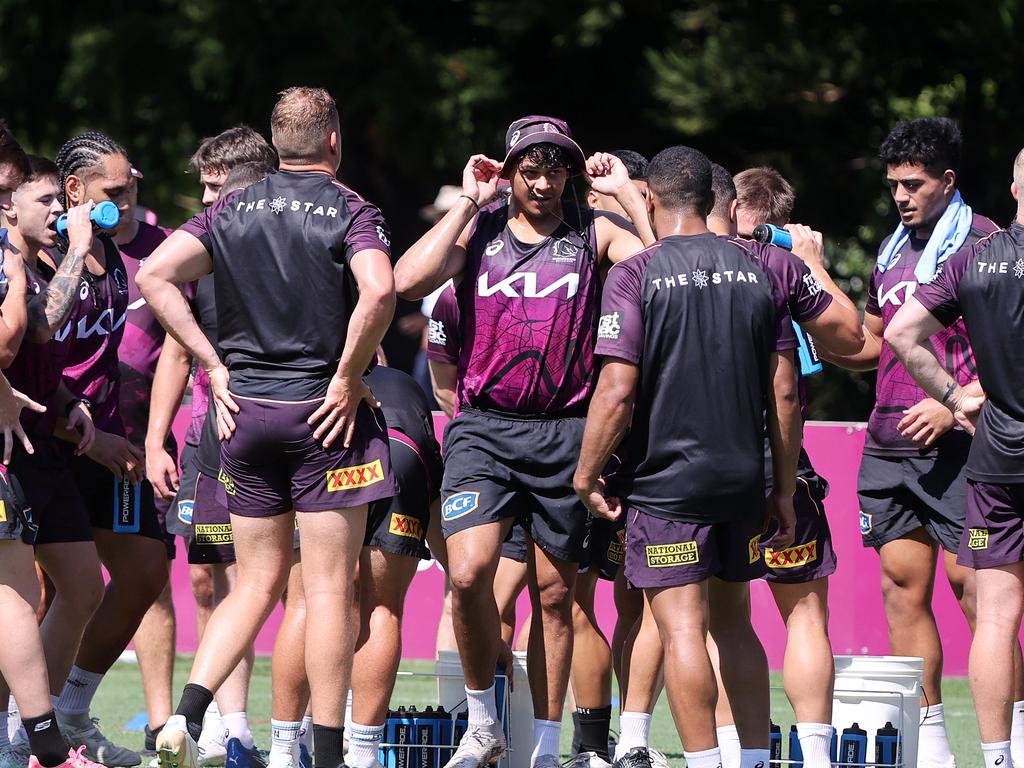 Selwyn Cobbo amid the Broncos pack. Picture: Nigel Hallett