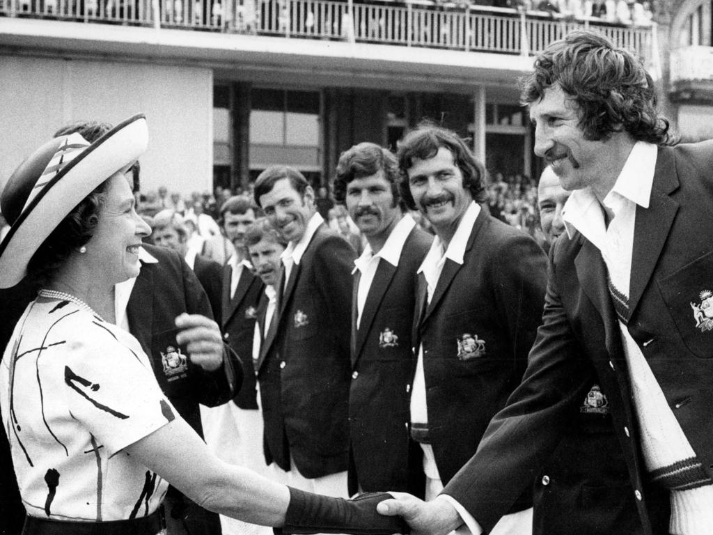 Queen Elizabeth II shakes hands with Max Walker, watched by Dennis Lillee and other members of the Australian cricket team in 1975. Picture: Central Press Photos