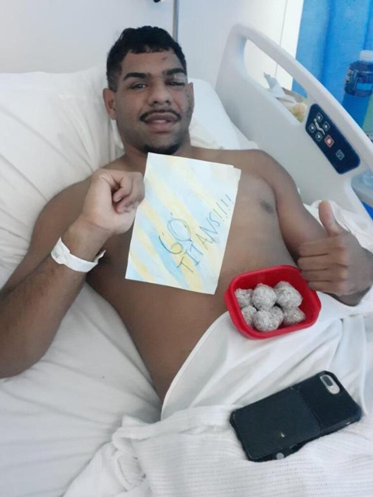 Gold Coast Titans player Treymain Spry in hospital after he was viciously attacked. Picture: Supplied.