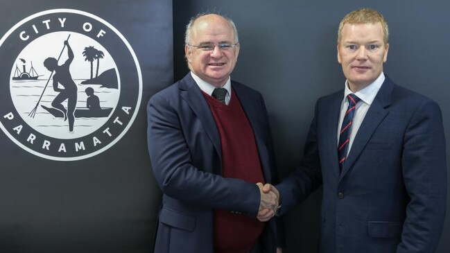 Lord Mayor Andrew Wilson with Mark Stapleton after the latter’s appointment as CEO in June last year.