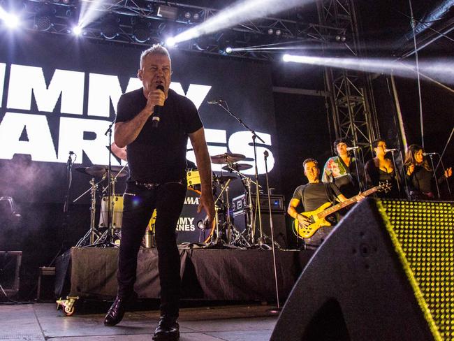 Jimmy Barnes’ band included his son Jackie on drums and his wife Jane and daughters Elly-May and Eliza-Jane on backing vocals. Picture: Surfersparadise.com