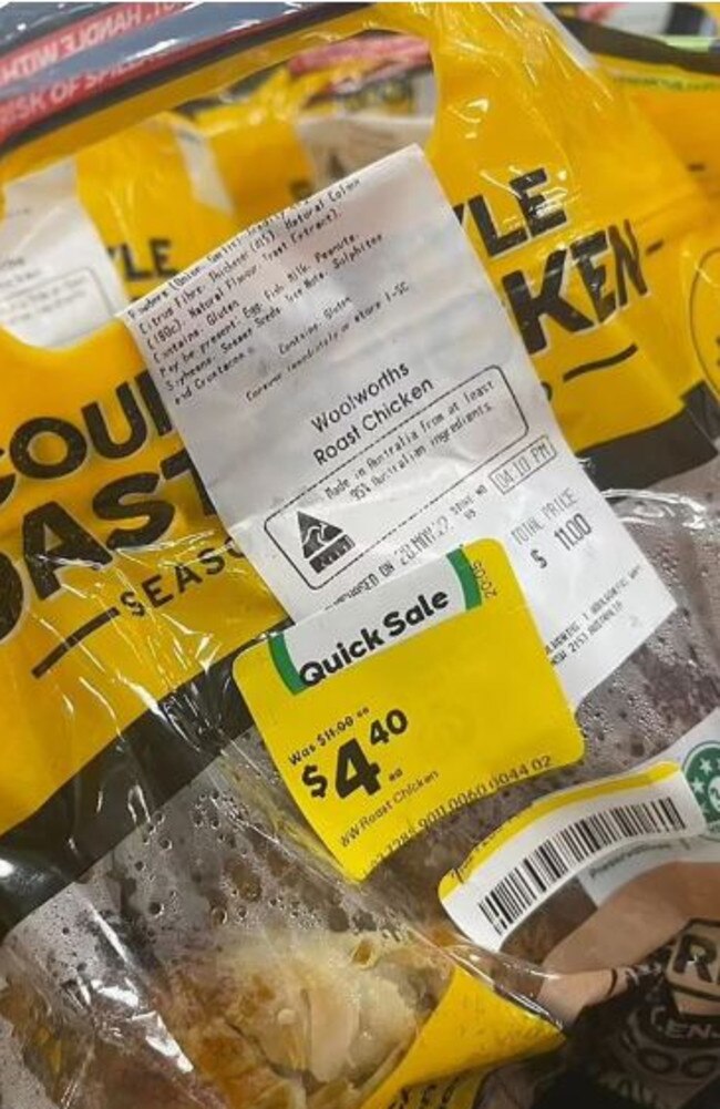 Meanwhile, a Sydney mum ignited a heated debate after she snapped up seven reduced roast chickens from Woolies. Picture: Facebook