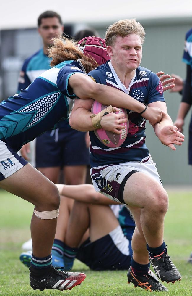 RUGBY LEAGUE: Justin Hodges and Chris Flannery 9s Gala Day. Mountain Creek State High (white shorts) V Morayfield State High, year 10. Creek's Kaydin Waghorn on the burst. Picture: Patrick Woods.