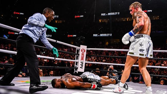 Paul flattened Woodley with a crushing right hook. Picture: Chandan Khanna/AFP