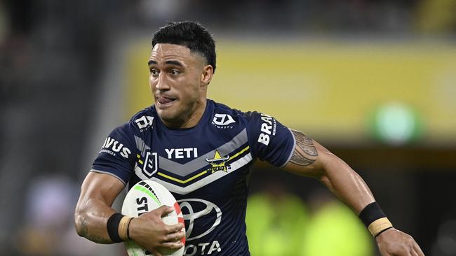 TOWNSVILLE, AUSTRALIA - JULY 06: Valentine Holmes of the Cowboys runs the ball during the round 18 NRL match between North Queensland Cowboys and Manly Sea Eagles at Qld Country Bank Stadium, on July 06, 2024, in Townsville, Australia. (Photo by Ian Hitchcock/Getty Images)