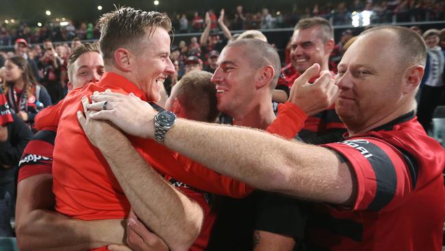 Scott Jamieson is hugged by the crowd after the Wanderers won the semi-final against Brisbane Roar.  Picture: Adam Taylor