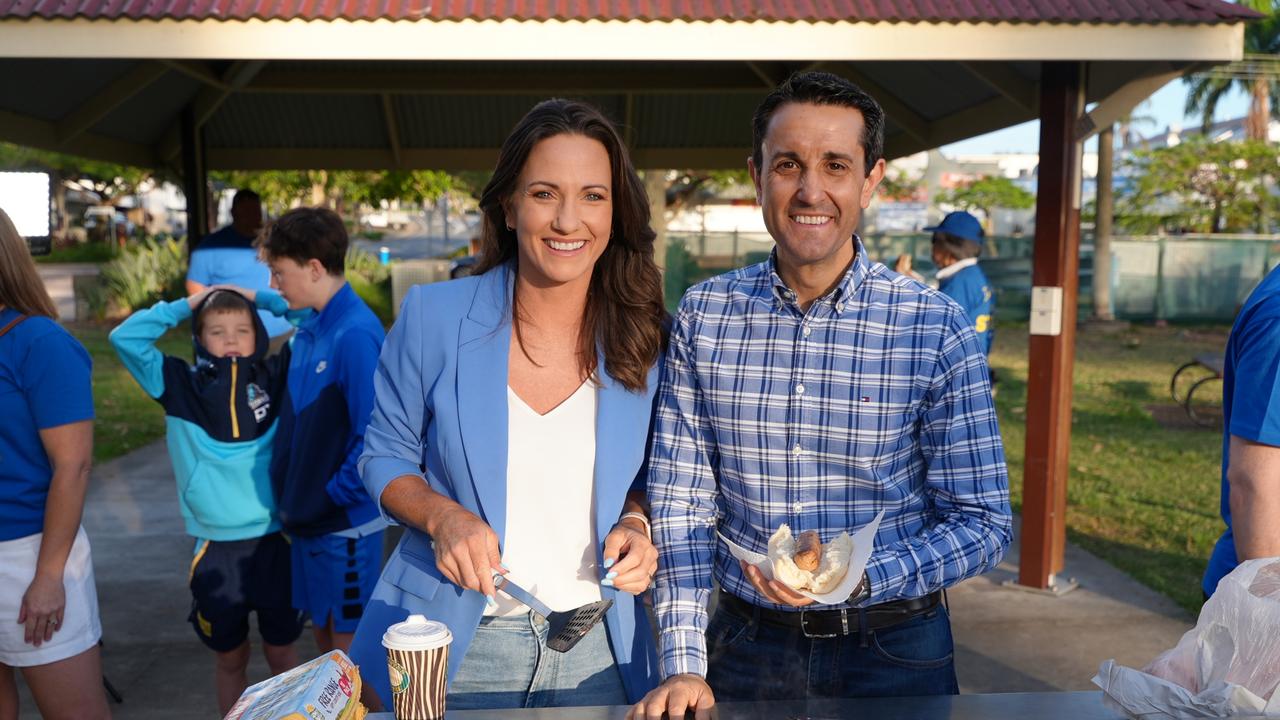 LNP Opposition leader David Crisafulli began election day 2024 at Nerang's Bischoff Park with Gaven candidate Bianca Stone - she is behind in the early vote but not conceding. Picture: Supplied by LNP