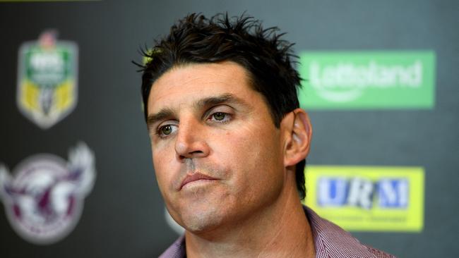 Sea Eagles coach Trent Barrett speaks during a press conference following the Round 23 NRL match between the Manly-Warringah Sea Eagles and the Gold Coast Titans at Lottoland in Sydney, Friday, August 17, 2018. (AAP Image/Dan Himbrechts) NO ARCHIVING, EDITORIAL USE ONLY