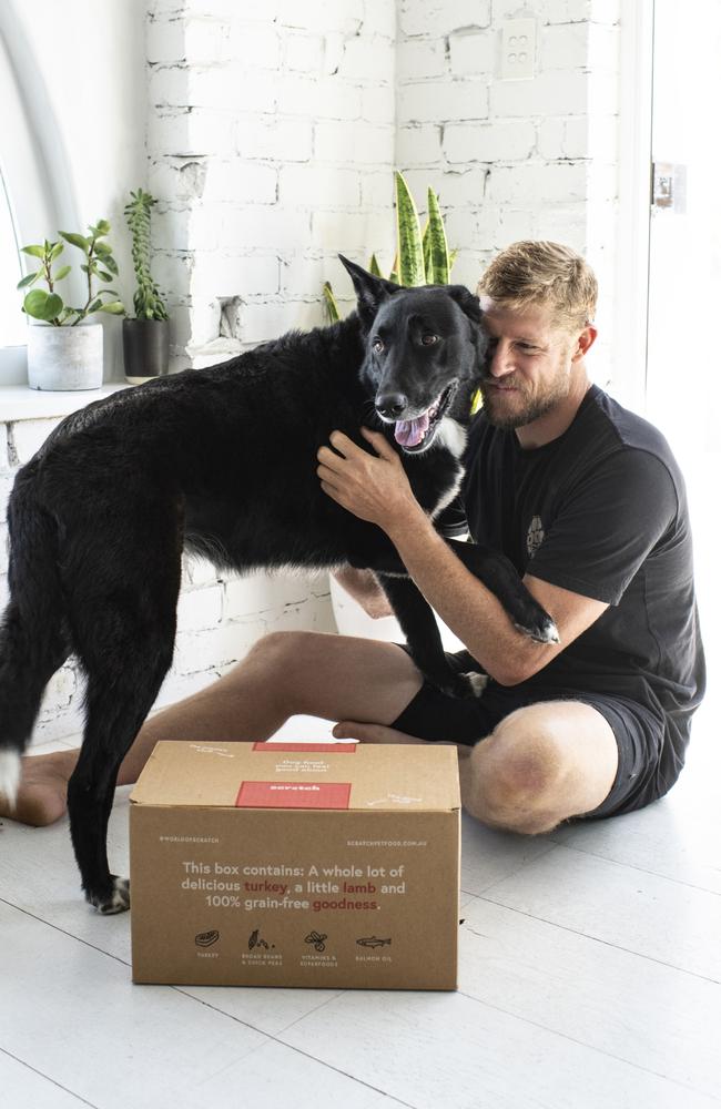 Mick Fanning has financially invested in the dog food business after putting his dog Harper on Scratch. Picture: Supplied