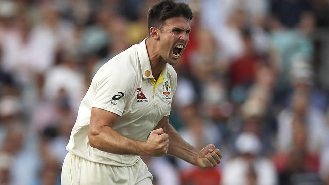 LONDON, ENGLAND - SEPTEMBER 12: Mitch Marsh of Australia celebrates after taking the wicket of Sam Curran of England during day one of the 5th Specsavers Ashes Test at The Kia Oval on September 12, 2019 in London, England. (Photo by Ryan Pierse/Getty Images)